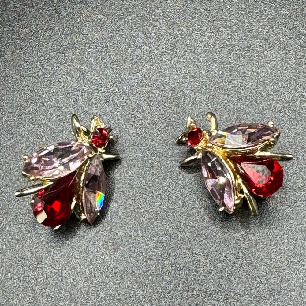 2 Bee Jeweled Pins Red Pink Vintage Bug Insect Jewelry
